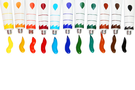 Colorful acrylic paints in tubes on white backgroundの写真素材