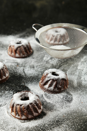 Chocolate bundt cakes with icing sugar on black backgroundの写真素材
