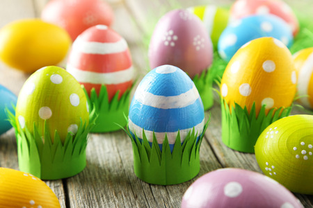 Easter eggs on grey wooden backgroundの写真素材