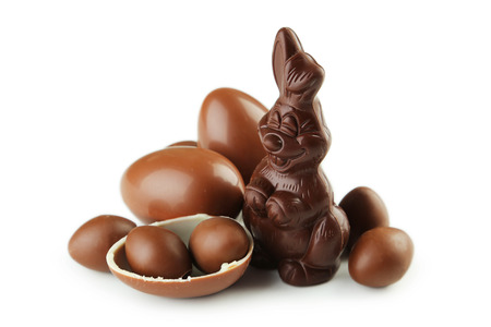 Chocolate easter eggs isolated on whiteの写真素材