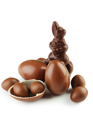 Chocolate easter eggs isolated on whiteの写真素材