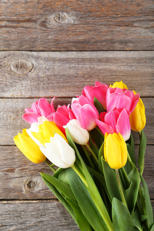 Beautiful tulips on grey wooden backgroundの写真素材