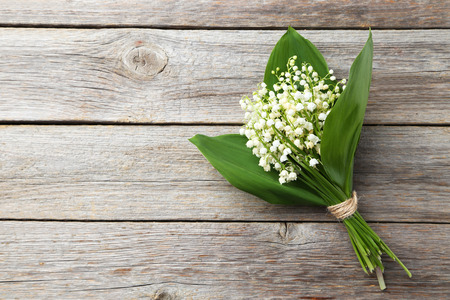 Lily of the Valley with leaves on grey wooden backgroundの写真素材