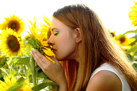 Beatiful girl in the sunflowers fieldの写真素材