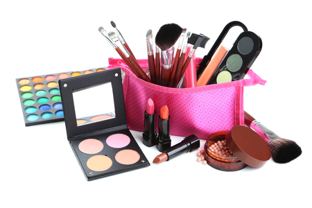 Makeup brush and cosmetics isolated on a whiteの写真素材