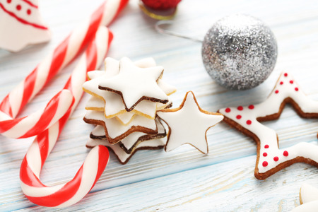 Christmas cookies on a blue wooden tableの写真素材