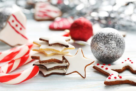 Christmas cookies on a blue wooden tableの写真素材