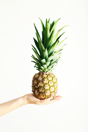 Female hand holding ripe pineapple on a white backgroundの写真素材