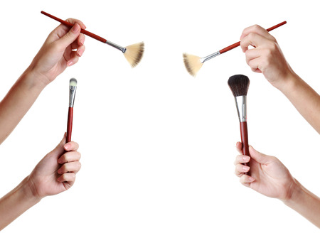 Female hand with brush for make-up isolated on white, collageの写真素材