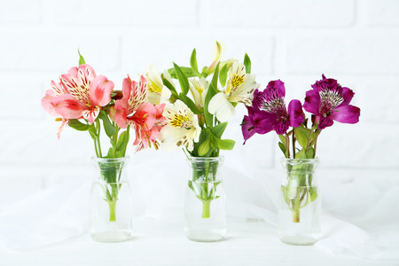 Beautiful alstroemeria flowers on a white wooden tableの写真素材