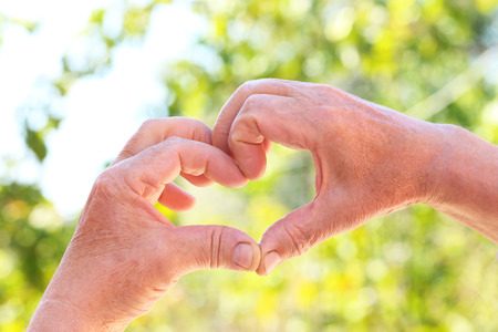 Hands of old senior showing heartの写真素材