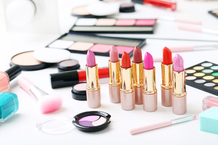 Different makeup cosmetics on white tableの写真素材