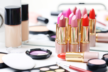 Different makeup cosmetics on white tableの写真素材