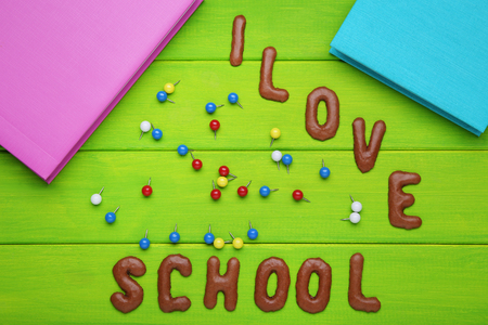 I Love School written by chocolate cookies alphabet with notebooks and pinsの写真素材