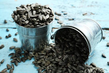 Sunflower seeds in buckets on blue wooden tableの写真素材