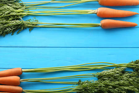 Fresh and ripe carrots on blue wooden tableの写真素材