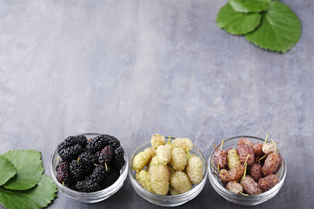 Black, white and purple mulberries in bowl on wooden tableの写真素材