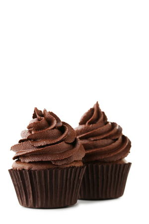 Chocolate cupcakes isolated on white backgroundの写真素材