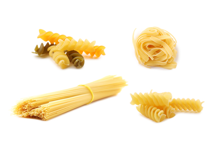 Collage of different dry pasta on white background