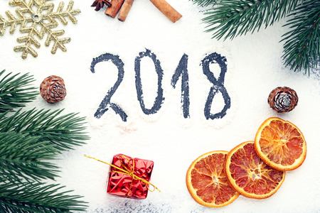 Inscription 2018 on wheat flour background with fir-tree branches and orange fruitの写真素材