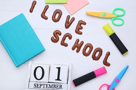 I Love School written by chocolate cookies alphabet with suppliesの写真素材