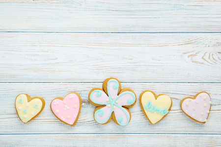Homemade easter cookies on wooden tableの写真素材