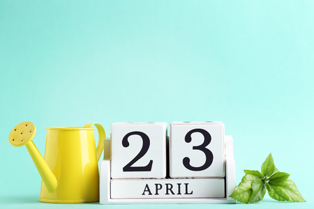 Young green plant with calendar cubes and watering can on mint backgroundの写真素材