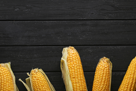 Sweet corns on black wooden tableの写真素材