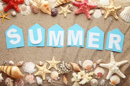 Inscription Summer with seashells on beach sandの写真素材