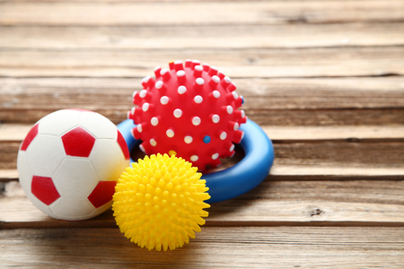 Pet toys on brown wooden tableの写真素材