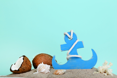 Coconuts with seashells and wooden anchor on mint backgroundの写真素材