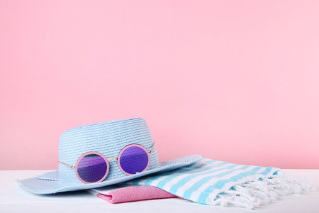 Summer accessories on pink backgroundの写真素材