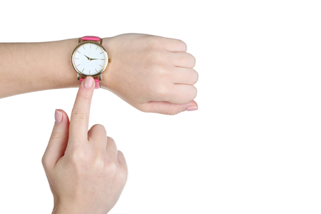 Elegant wrist watch on female handの写真素材