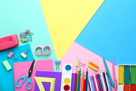 School supplies on colorful backgroundの写真素材