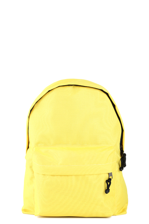 Yellow school backpack on white backgroundの写真素材