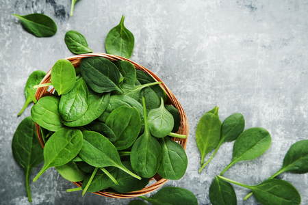 Spinach leafs in basket on grey wooden tableの写真素材