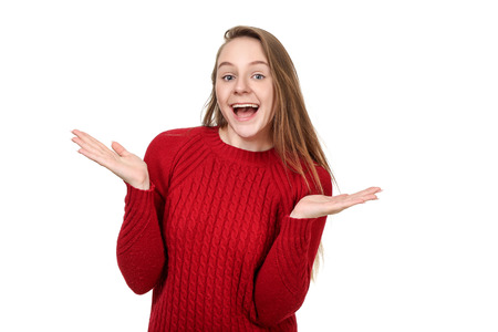 Happy young girl isolated on white backgroundの写真素材