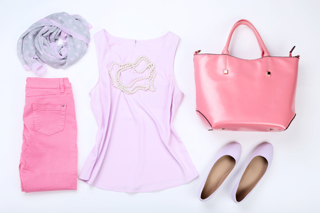 Fashionable women's clothes on white backgroundの写真素材