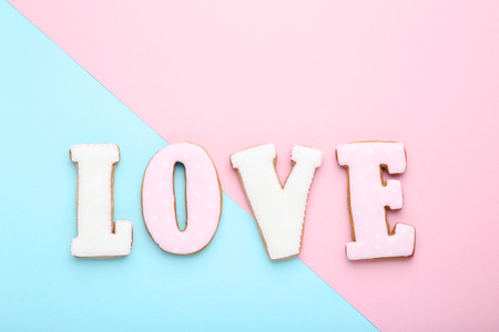 Word Love by homemade cookies on colorful backgroundの写真素材