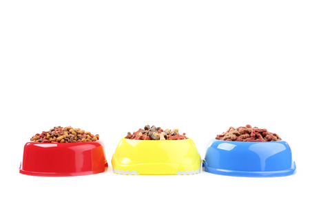 Dry pet food in bowls isolated on white backgroundの写真素材