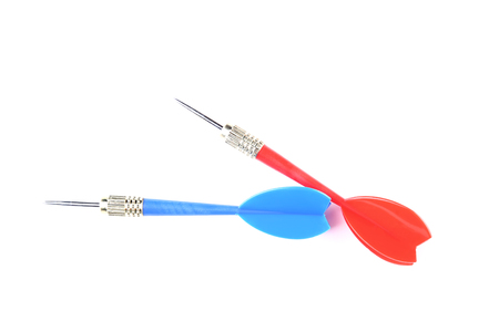 Blue and red dart isolated on white backgroundの写真素材