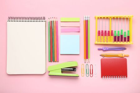 School supplies on pink background