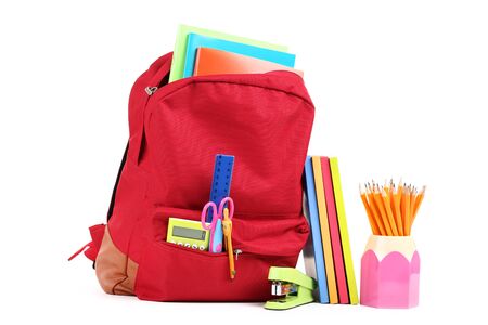Backpack with school supplies isolated on white backgroundの写真素材