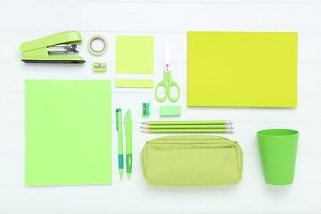 School supplies on white wooden tableの写真素材