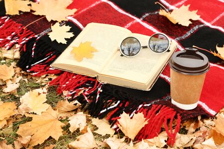 Opened book on plaid with cup of coffee, sunglasses and dry autumn leafs