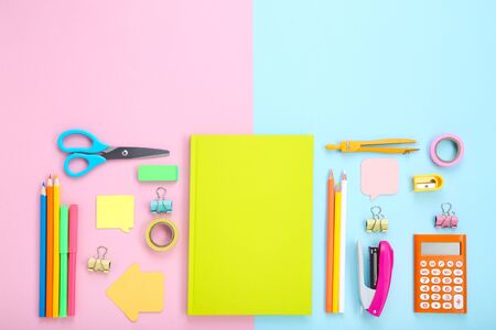 Different school supplies on colorfulの写真素材