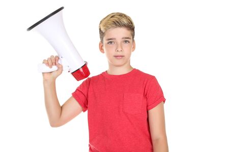 Young boy with megaphone isolated on white backgroundの写真素材