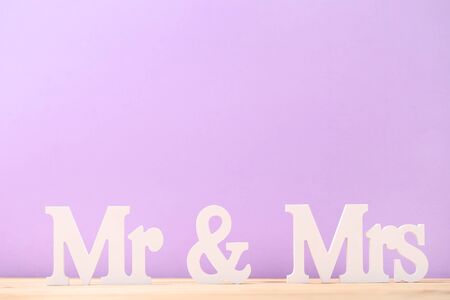 White letters Mr and Mrs on purple backgroundの写真素材
