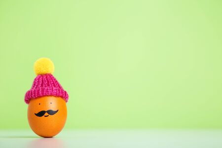 Cute easter egg with hat on green background