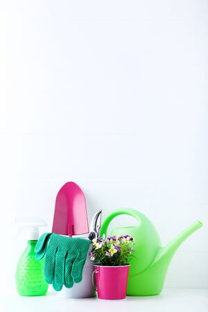 Garden tools with flowers in bucket on white backgroundの写真素材